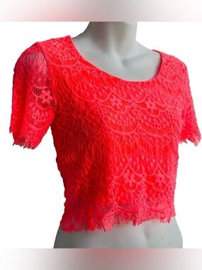 DAYGLO Neon CORAL LACE Flouro Crop TOP Small